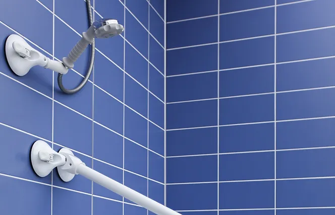 Porte-douche sur ventouse Mobeli® avec bras mobile et indicateur de sécurité