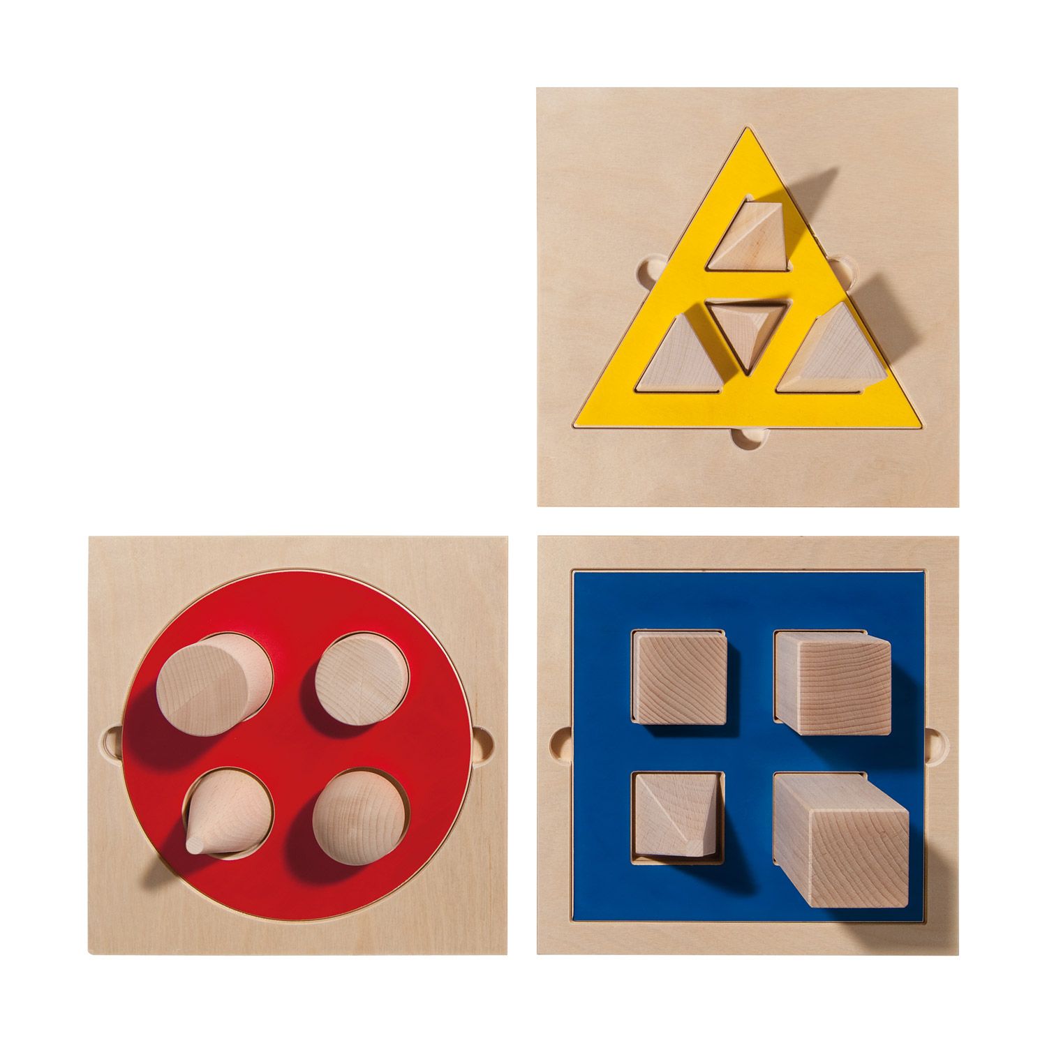 Inlegpuzzel met 3D geometrische vormen in hout 3 legborden, 12 vormen -- 103375