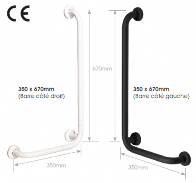 Barre murale acier avec revêtement antidérapant EASA, en L 35 x 67 cm gauche - blan-- GRL3567LW