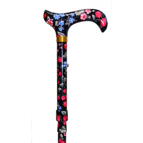 Finna canne pliable et réglable, complètement en motif floral noir, fleurs/framboises -- FN-41331