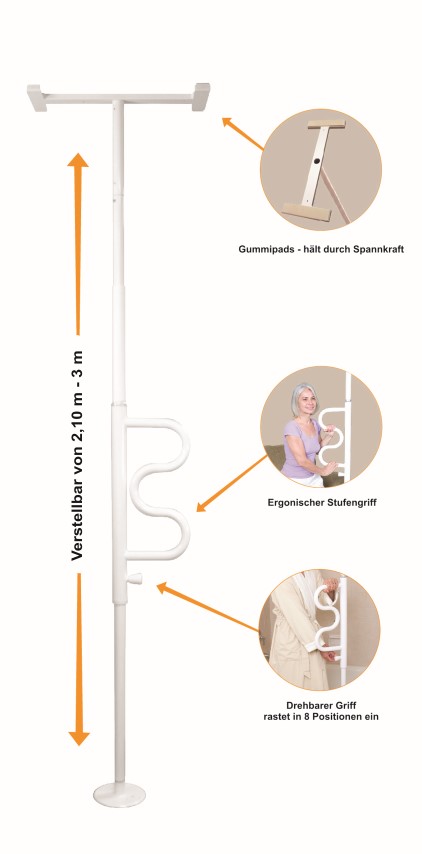 Transferpaal Stander™ met dubbel gebogen pivoterende handgreep wit - 210 tot 300 cm -- 1100W