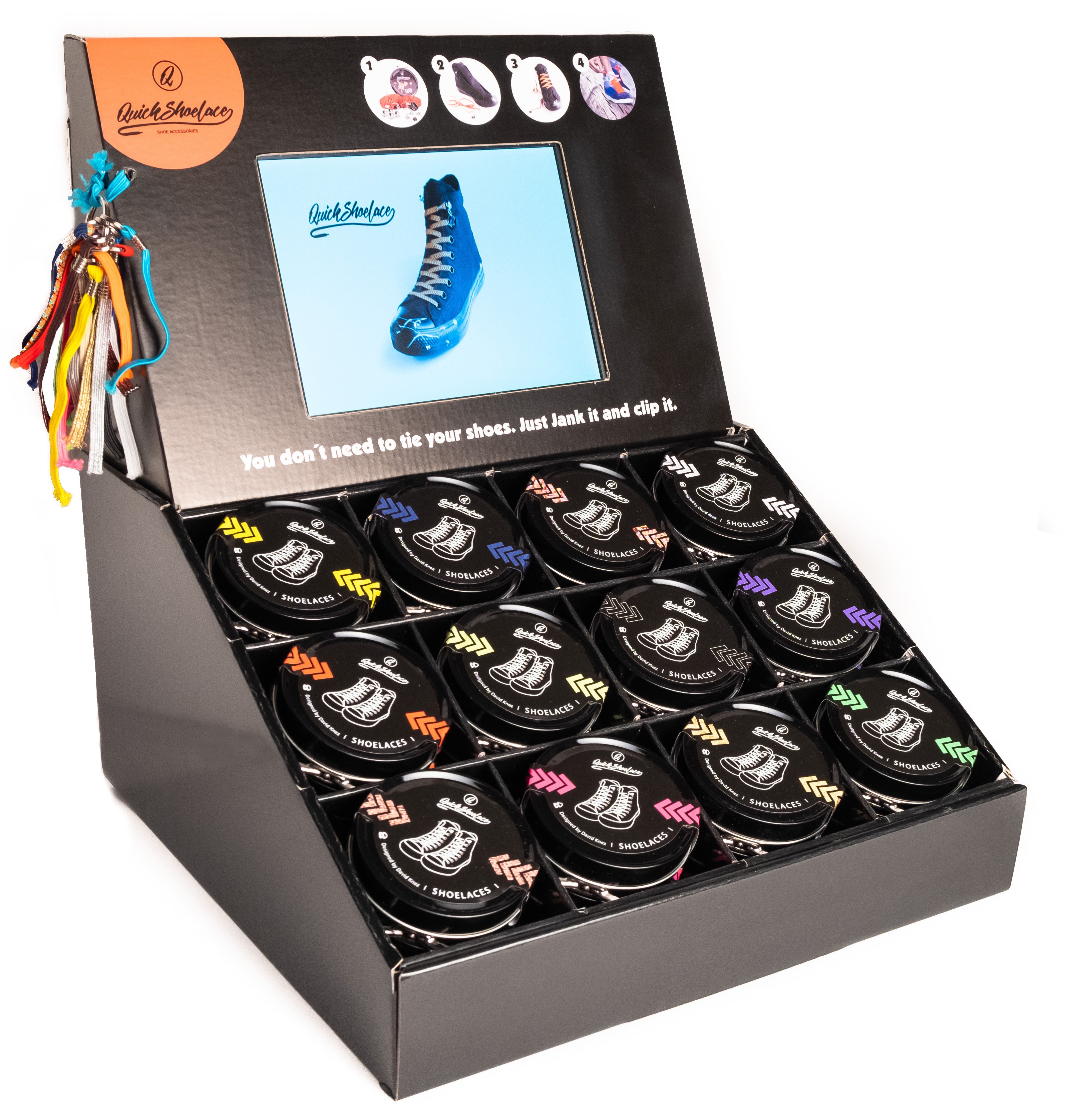 Quickshoelace elastische schoenveters - lege display met productvideo