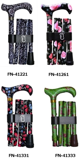 Finna canne pliable et réglable, complètement en motif floral noir, fleurs/framboises -- FN-41331