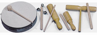 Set de rythme avec 5 instruments tambourin, bloc 2 tons, 1 ton, bâton à grelots, tambour -- 513710